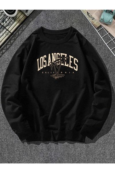 Boi Φούτερ Los Angeles Palm Printed Unisex Oversize Μαύρο φούτερ με λαιμόκοψη