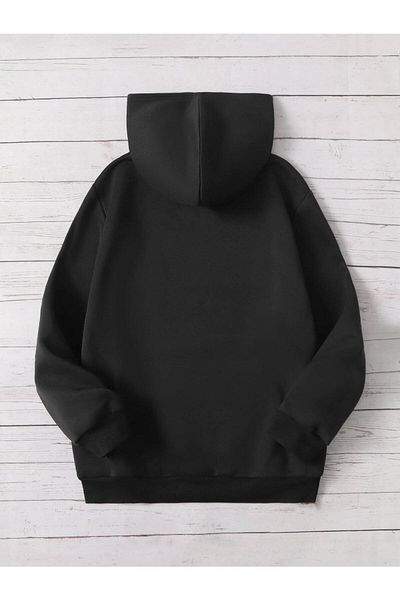 Boi 1990 Printed Unisex Oversize Black Hooded Kangaroo Pocket Sweatshirt