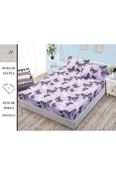 FIONNA.RO Satin Cotton Elastic Pillowcase 180x200cm - Lilac with Black Butterflies
