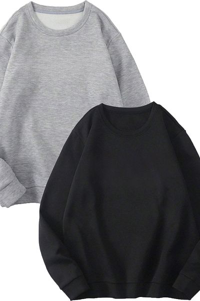 Boi 2 τεμαχίων Basic απλό φούτερ - Μαύρο γκρι Oversize φούτερ Crew Neck