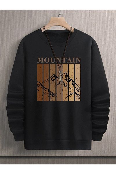 Boi Φούτερ με στάμπα Mountain Unisex Oversize Μαύρο Crew Neck