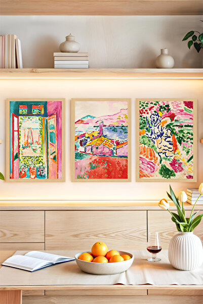 kutuTR 🌞 Renkli Manzara Kompozisyonlu 3’lü Çerçeve Görünümlü Tablo Seti 🌟 C...