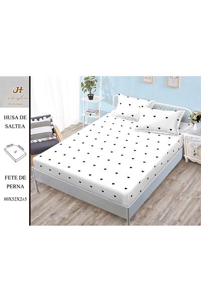 FIONNA.RO Husa cu Elastic si Fete de Perna Bumbac Satinat 180x200cm - Alb Cu Inimioare Negre
