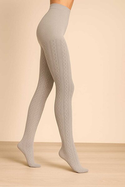 DÜVEN Плетени чорапогащи с шарка, дебели, зимни, сиви, Karina - памучни шарени чорапи