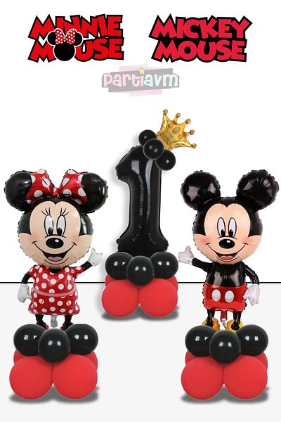 PARTİAVM 1 Year Old Mickey Mouse Minnie Mouse Balloon Red Black Number Balloon Balloon Column Girl Boy Miki Mini