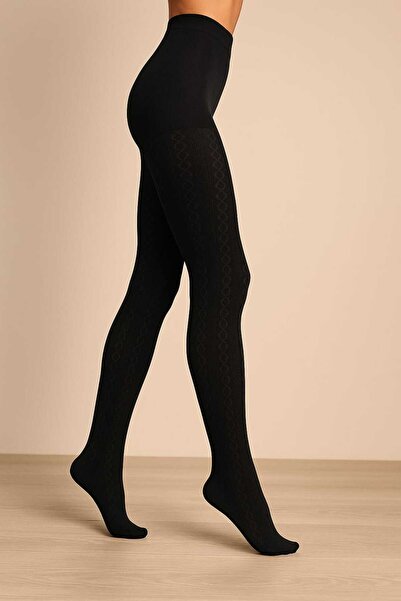 DÜVEN Плетени, самодеформирани, дебели зимни дамски черни чорапогащи Karina - памучни шарени чорапи