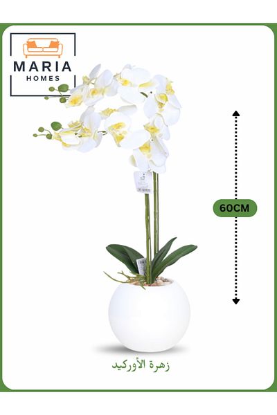 MARIA HOMES White Artificial Orchid in White Pot – 60cm Decorative Plant with 2 Branches