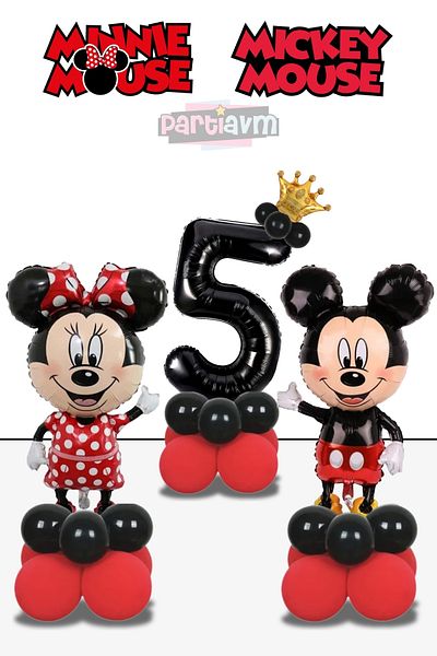 PARTİAVM 5 Years Old Mickey Mouse Minnie Mouse Balloon Red Black Number Balloon Balloon Column Girl Boy Miki Mini