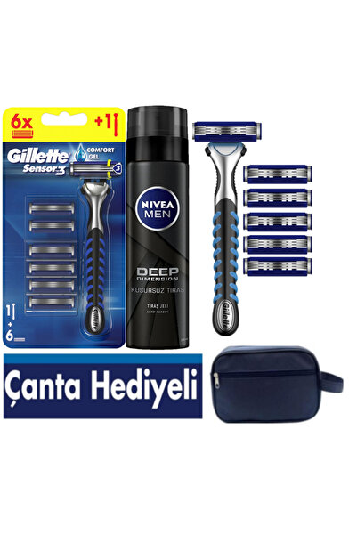 Gillette Sensor3 Erkek Tıraş Seti – 6 Bıçak + 200 ml Tıraş Jeli + Çanta Hediyeli