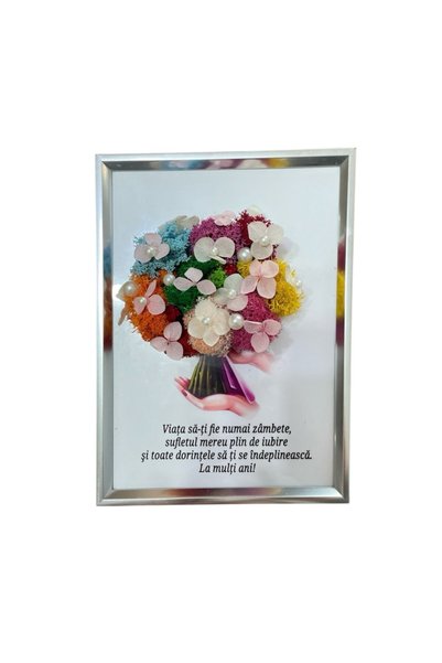 ALVAL Tablou decorat cu licheni naturali stabilizati si flori criogenate, dimesssiune 13x18, rama gri