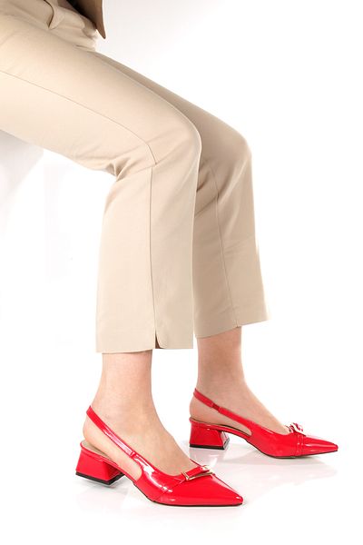 Ayakkabı Podyumum ''Silk'' Red Patent Leather Pointed Toe Back Open Buckle Detailed 3 cm Thick Heel New Season