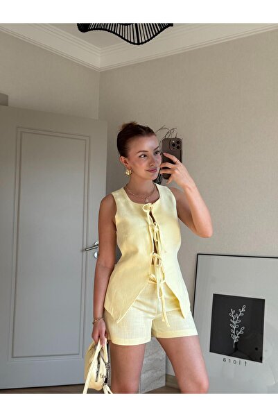 BAŞARAN Light Yellow Cathey Tie-Up Vest Shorts Set