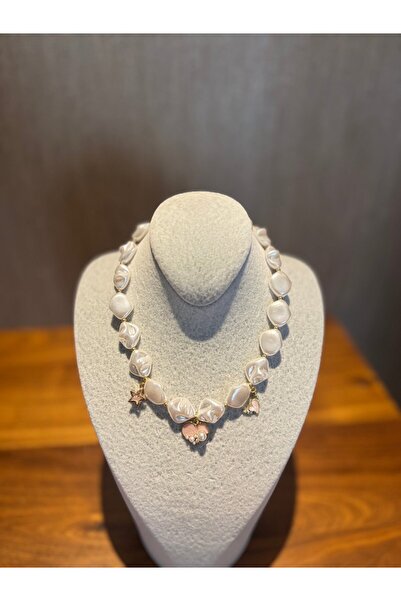 vanilla & pearl jewelry Pembe Kalp ve Yıldız Charm Detaylı İnci Kolye