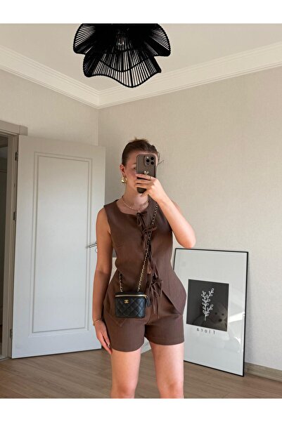 BAŞARAN Brown Cathey Tie-Up Vest Shorts Set