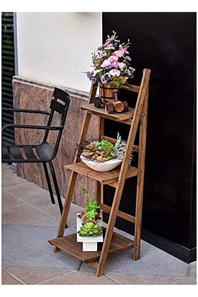 genric FFD 3 Tier Wooden Ladder Shaped Foldable Flowers Stand Garden Balcony Standing Plant Rack