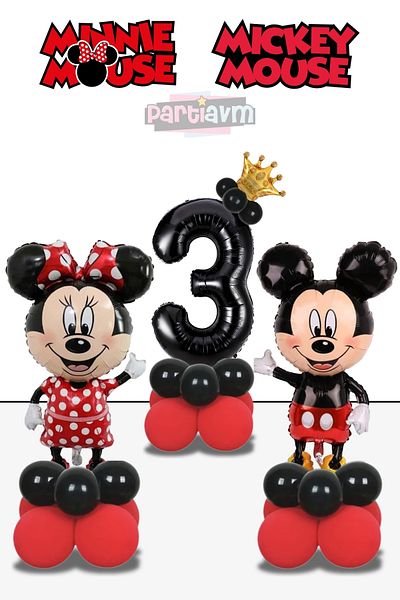 PARTİAVM 3 Years Old Mickey Mouse Minnie Mouse Balloon Red Black Number Balloon Balloon Column Girl Boy Mickey Mini