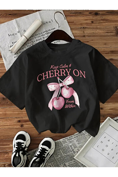 AEMİ Tricou unisex Keep Calm Cherry On cu imprimeu oversized gât rotund