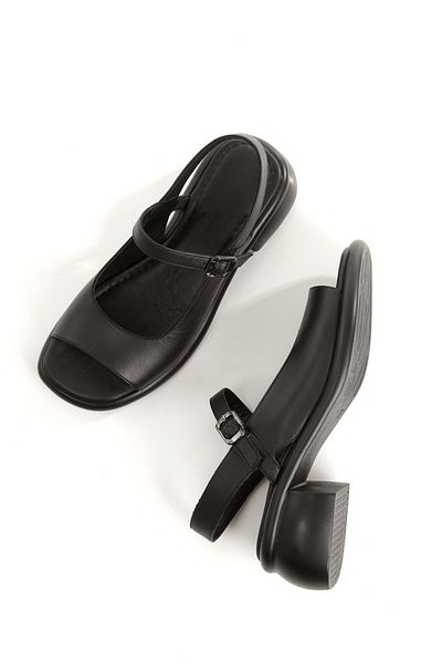 Modabuymus Benus Black Genuine Leather Mary Jane Strappy Sandals Thick Heels Women's Shoes