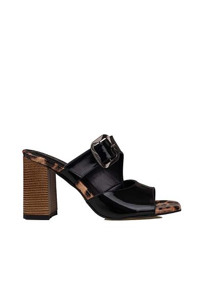 Trend Adımlar Black Leopard Patent Leather Belted Women's Heeled Slippers