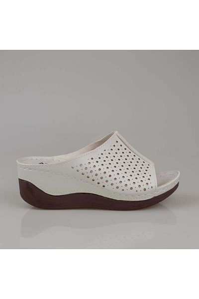 Trend Adımlar White Wedge Heel Perforated Women's Slippers 04-024