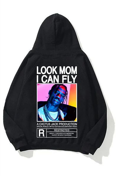 Boi Unisex Look Mom I Can Fly Πολύχρωμο μαύρο φούτερ με κουκούλα