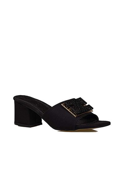 Trend Adımlar Black Linen Denim Women's Heeled Slippers