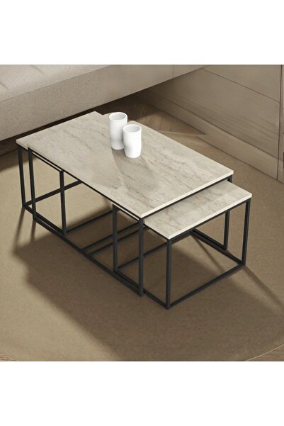 İZMİR ALİNDA MOBİLYA Orta Sehpa Ve Zigon Yan Sehpa Set Traverten Desenli