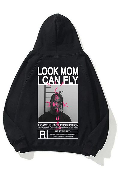 Boi Unisex Look Mom I Can Fly Μαύρο φούτερ με κουκούλα