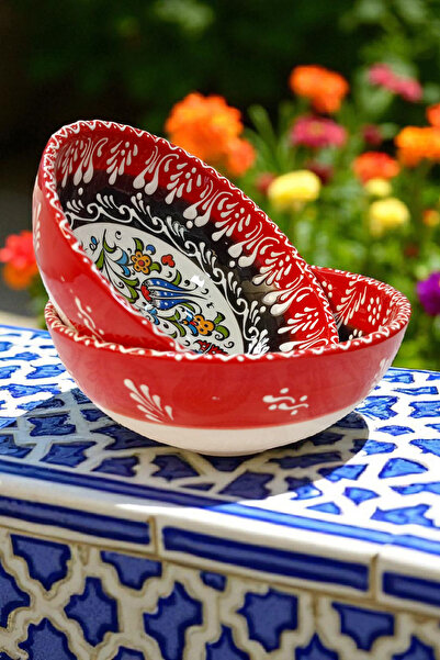 Salizera 2 Adet 16 cm Çapında Kabartma Çini Motifli Seramik Kase -Hand Made E...