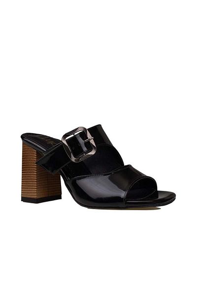 Trend Adımlar Black Patent Leather Belted Women's Heeled Slippers