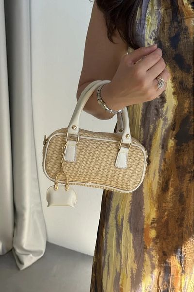 LEONAS Women's Hand and Shoulder Bag Julyne Cream with Straw Charm Gift