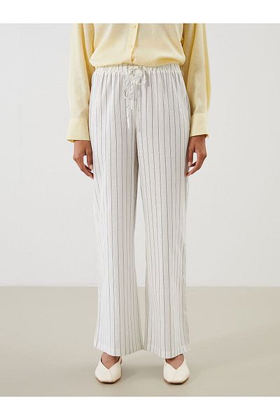 LC Waikiki Elastic Waist Striped Linen Blended Women's Trousers