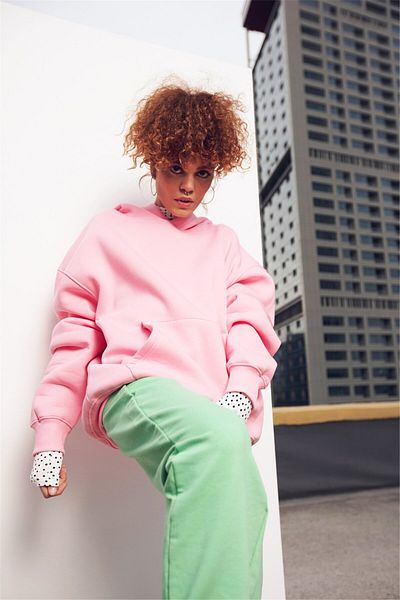 Boi Unisex Oversize Basic Φούτερ Hoodie Pink