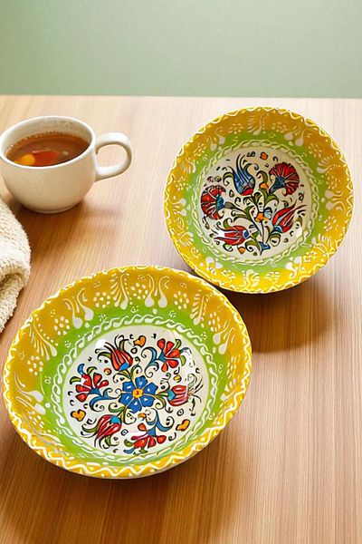 Salizera 2 Pieces 16 cm Diameter Embossed Tile Motif Ceramic Bowl -Hand Made Handmade -