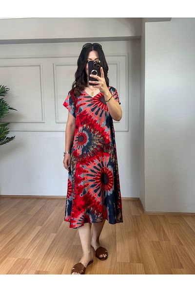 Butik Ayseba Women's Tie-Dye Patterned Short Sleeve Summer Dress