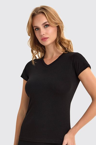 Berrak Brand Women's Lycra Light V-Neck Black Color Short Sleeve Body 2132