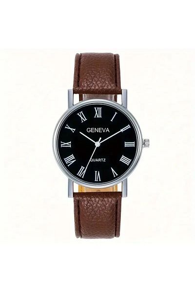 Feronnucci Men's Wristwatch Black-Brown Leather Band Classic Quartz Watch St-603