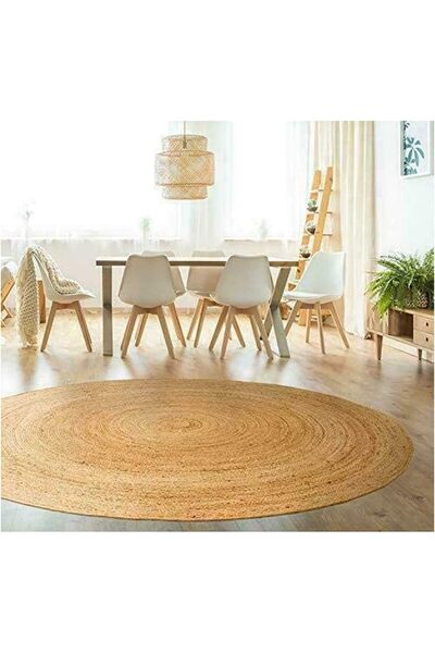 genric FFD Handwoven Jute Area Rug - 150x150cm Round, Natural Beige, Braided Reversible