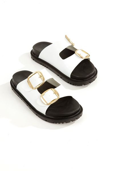 Ayakkabı Podyumum '' Sea'' White Skin Gold Color Double Buckle Black Sole Slippers New Season