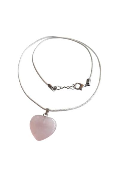 Roberta Pandantiv Cuart Roz, piatra naturala semipretioasa, 20 x 18 mm, inima, cu snur alb