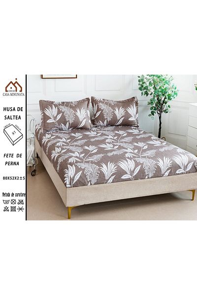 FIONNA.RO Satin Cotton Elasticated Pillowcase 180x200cm - Brown Leaves