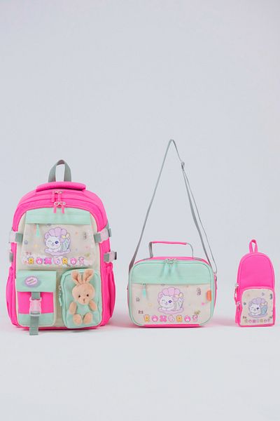Roxbros Cute Cat Patterned 3-Piece Girls' School Bag Set - Primary School Bag with Pen Holder and Thermal Nutrition