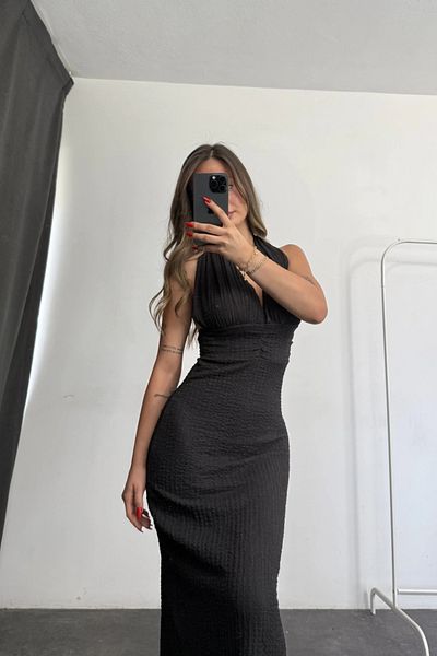 MOZENA Halter Neck Seersucker Fabric Back Slit Dress
