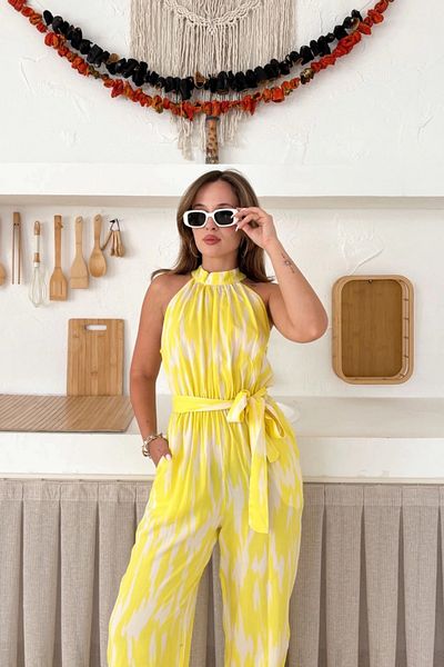 MOZENA Halter Neckline Belt Detailed Patterned Jumpsuit