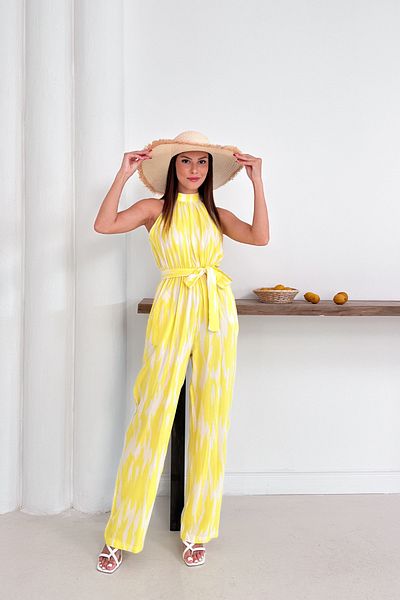 MOZENA Halter Neck Patterned Belted Jumpsuit