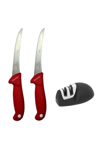 Globalport Retail Butchery package: 2 professional boning knives GER3 Red + 2-level sharpener
