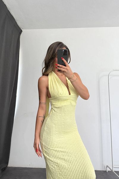 MOZENA Halter Neck Seersucker Fabric Back Slit Dress