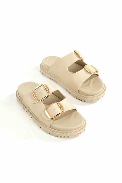 Ayakkabı Podyumum '' Sea'' Skin Skin Gold Color Double Buckle Cream Sole Slippers New Season