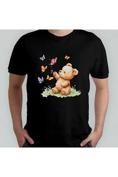 Pixxa Cute Bear - Bear Unisex 100% Cotton Crew Neck T-Shirt Model 4
