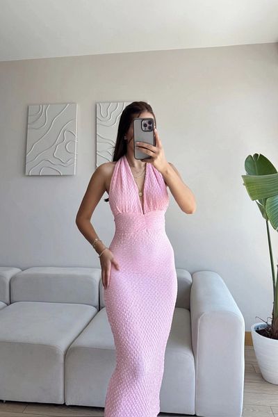 MOZENA Halter Neck Seersucker Fabric Long Dress with Slit Back